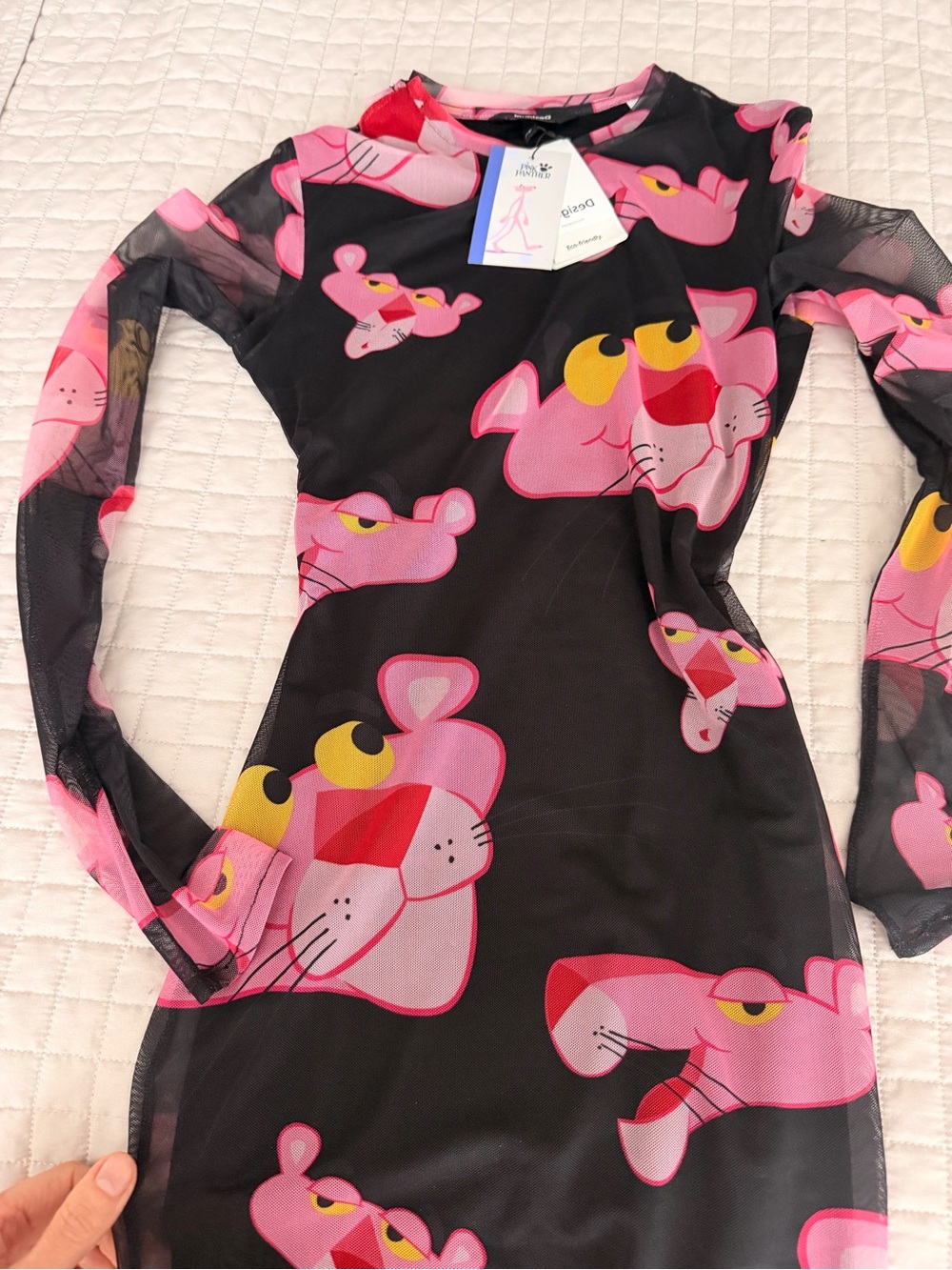 Black Sheer Long-Sleeve Mini Dress with Pink Floral Motif